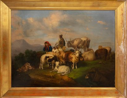 null Antonio PACINI (1778-1866)
Shepherd and shepherdess at rest with cows, sheep,...
