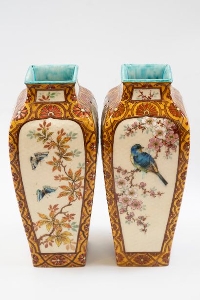 null Théodore DECK (1823-1891)
Pair of ovoid vases with cut sides and narrowed quadrangular...