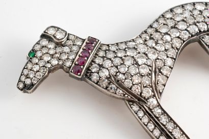 null Silver brooch representing a Greyhound entirely paved with a hundred diamonds...