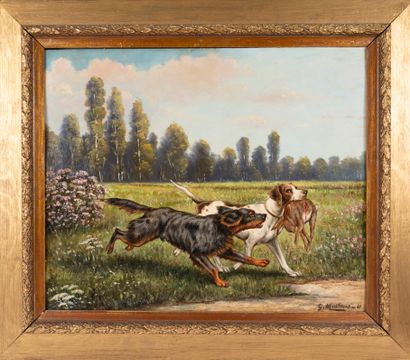 null G. MATHIAS (?)
Dogs Returning from the Hunt
Oil on cardboard, signed lower right.
48.5...