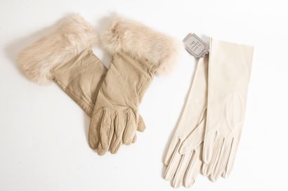 null Lot including: 
- NINA RICCI. Pair of kid gloves, silk and rabbit fur interior....