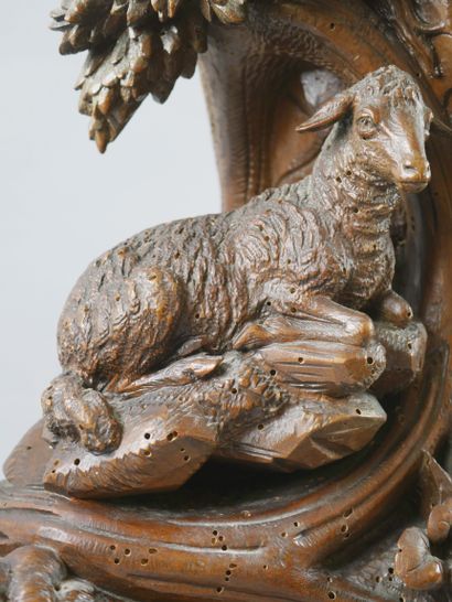 null Important carved wood mantel set with alpine animals (goats, hinds, sheep...)....
