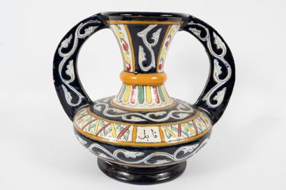 null Beautiful NABEUL polychrome ceramic two-handled vase, with geometric and branch...