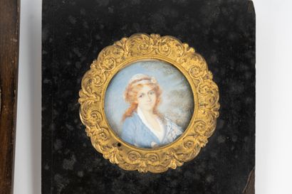 null Lot of two framed miniatures: Portrait of a woman in a blue dress, Portrait...
