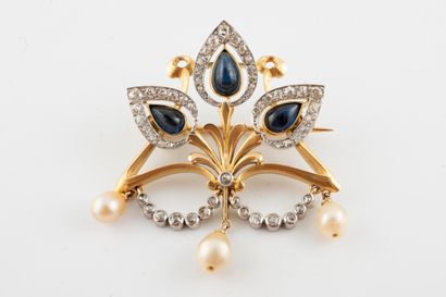 null 18k white and yellow gold lotus flower brooch set with sapphire cabochons and...