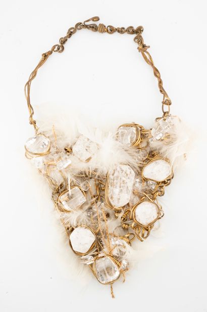 null Designer necklace formed by a drop of polished rock crystal and quartz in a...