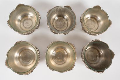 null Set of 6 metal dishes with relief decoration and flowers. Glass dishes inside,...