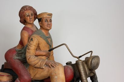 null Sculpture in metal and polychrome wood representing a US Navy soldier and his...