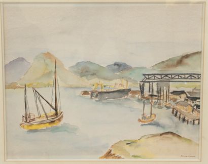 null Lot including: 
- R.LANAU. Harbour landscape. Watercolor signed lower right....