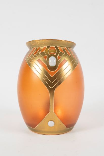 null Amber glass vase decorated with gold geometric motifs, embellished with opal-style...