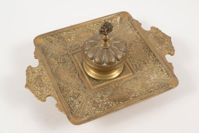 null Gilt bronze quadrangular inkwell decorated with Persian horsemen in a frame...