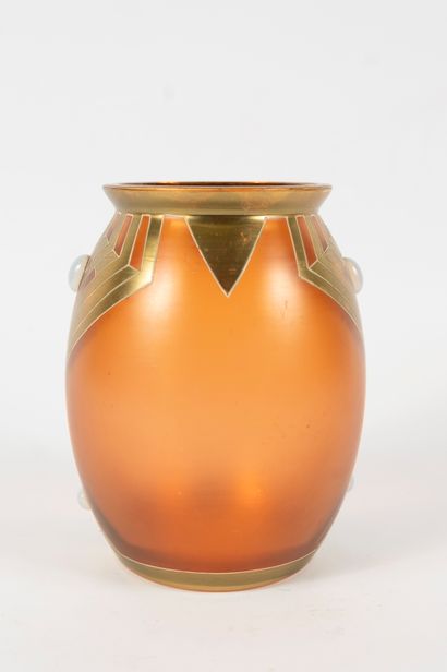 null Amber glass vase decorated with gold geometric motifs, embellished with opal-style...