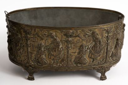 null Two stamped brass planters decorated with scenes of courtiers and village scenes....
