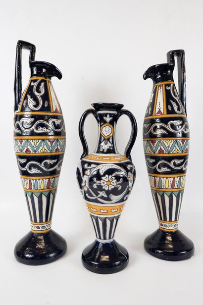 null Lot comprising two large NABEUL poychrome ceramic pourers and an amphora vase,...