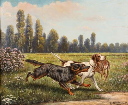 null G. MATHIAS (?)
Dogs Returning from the Hunt
Oil on cardboard, signed lower right.
48.5...