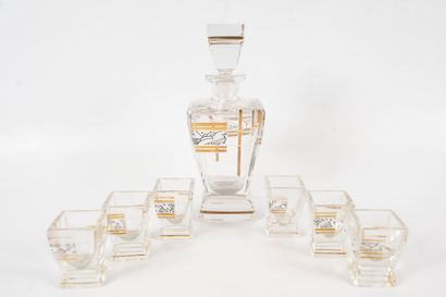 null Glass liqueur service with gold and black painted decoration in geometric forms,...