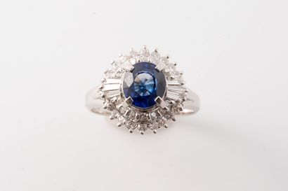 null Platinum ring surmounted by a round sapphire in a double radiant surround of...