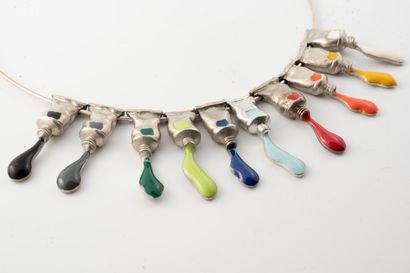 null ARMAN (1928-2005)
Circa 2001
Rare "tube" necklace featuring 10 tubes of multicolored...