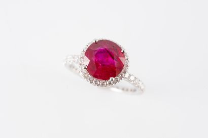 null 18k white gold ring set with a natural round ruby without thermal alterations...