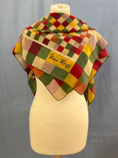null Lot including six scarves: 
- NINA RICCI Silk square with multicolored checks...