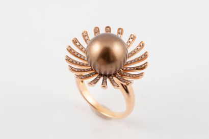 null 18k rose gold flower ring set with a gilded oriental cultured pearl, diamond-paved...