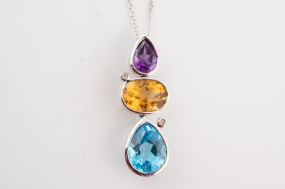 null 18k white gold pendant adorned with three gemstones: pear-cut amethyst, oval-cut...