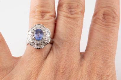 null 18k white gold ring set with a 2ct oval tanzanite in a double border of brilliant-cut...