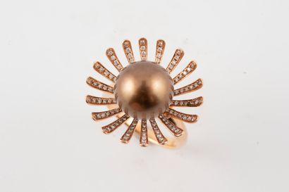 null 18k rose gold flower ring set with a gilded oriental cultured pearl, diamond-paved...
