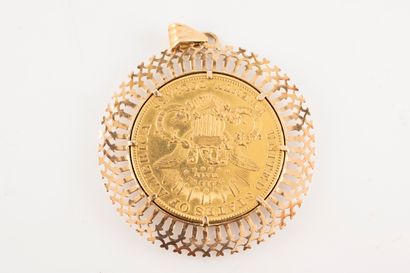 null 18k yellow gold pendant adorned with a $20 "Liberty Head - Double Eagle" coin...