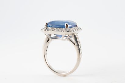 null 18k white gold ring centered on a large cushion-cut sapphire weighing 12.89...
