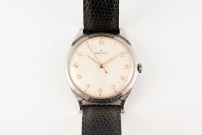 null ZENITH
Steel watch. Cream dial with Arabic numerals and railway track. 
Black...