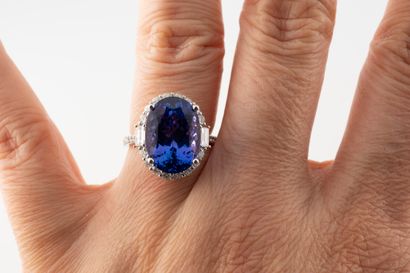 null 18k white gold ring centered on a large oval tanzanite weighing approx. 10cts...