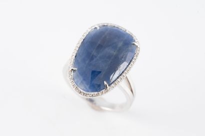 null Ring in 18k white gold with a faceted sapphire root.
Gross weight: 6.80g. TDD...