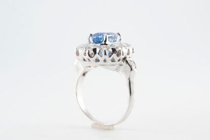 null 18k white gold ring centered with a 4.05ct natural Ceylon sapphire, surrounded...