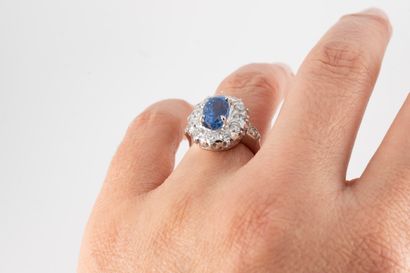 null 18k white gold ring centered with a 4.05ct natural Ceylon sapphire, surrounded...