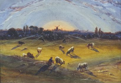 null HEROULT Antoine-Désiré -1802-1853 Vaches au pâturage et moulin au soleil couchant...