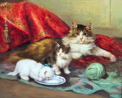 null LEROY Jules -1833-1865 Chatte et ses chatons- Huile sur panneau-Signée en bas...