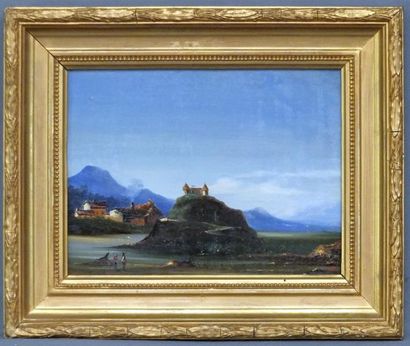 null Ecole Suisse XIXème siècle- Paysage avec gardes - Huile sur toile monogrammée...