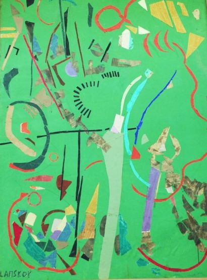 null LANSKOY André (1902-1976) Grande composition sur fond vert. Gouache et collages...