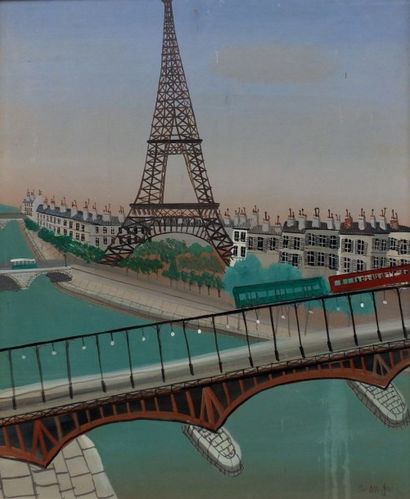null MANAGO-GUERIN Armand (1913-1983) Le métro aérien à Paris- Huile sur isorel-Signé...
