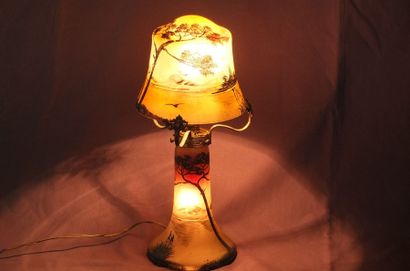 DEGAY DEGAY- Lampe champignon en verre opacifié à décor de paysages lacustres vosgiens...