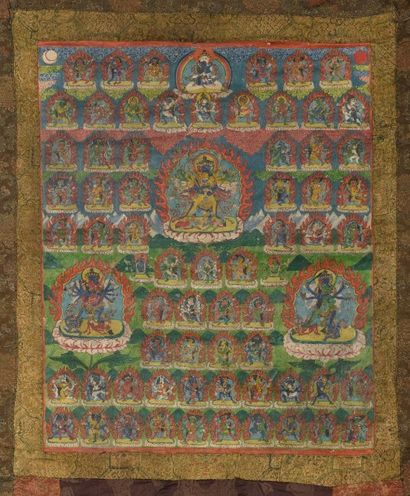 TIBET Tangka illustrant soixante dix Boddhisattvas et divinités bouddhistes. Inscription...