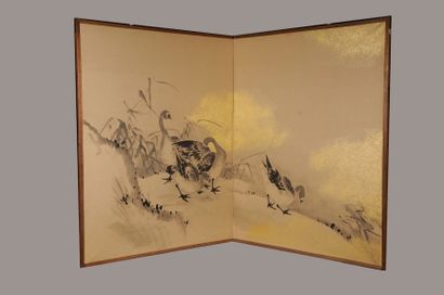 KMER Nikyoku Byobu, paravent à deux feuilles illustré d'une réunion d'oies sauvages...