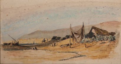 null GAGLIARDINI Julien Gustave (1846-1927) "LE CAMPEMENT " Aquarelle - Signée et...