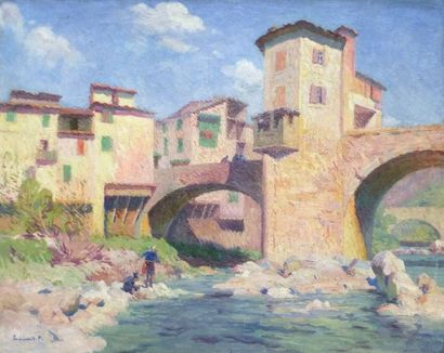 null ESCHBACH Paul- 1861 1961 Le pont de Sospel animé de pêcheurs- Huile sur toile...