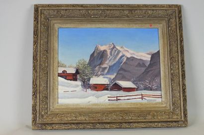 null BERTHIER Charles- Huile sur panneau "CHALETS DANS LA NEIGE" - Huile sur pan...