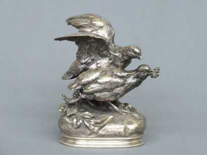 null Charles VALTON (1851 - 1918)- Les deux perdrix- Groupe en bronze argenté- Signé...
