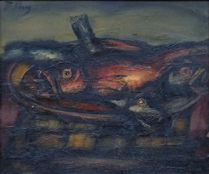null PRIKING Frantz- (1929-1979) Le panier de poissons- Huile sur papier marouflée...