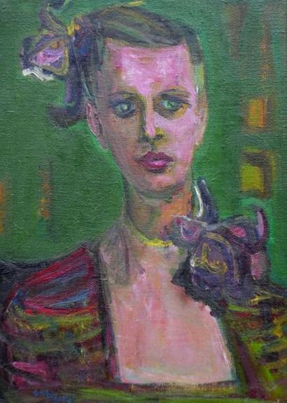 null ALDE Yvette ??-( 1911-1967) Portrait de femme en vert sur fond vert- Huile sur...