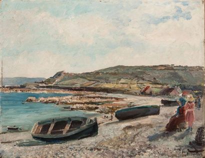 null VIANELLI Alberto (1841-1927)- Personnages et barques au bord de la mer- Huile...